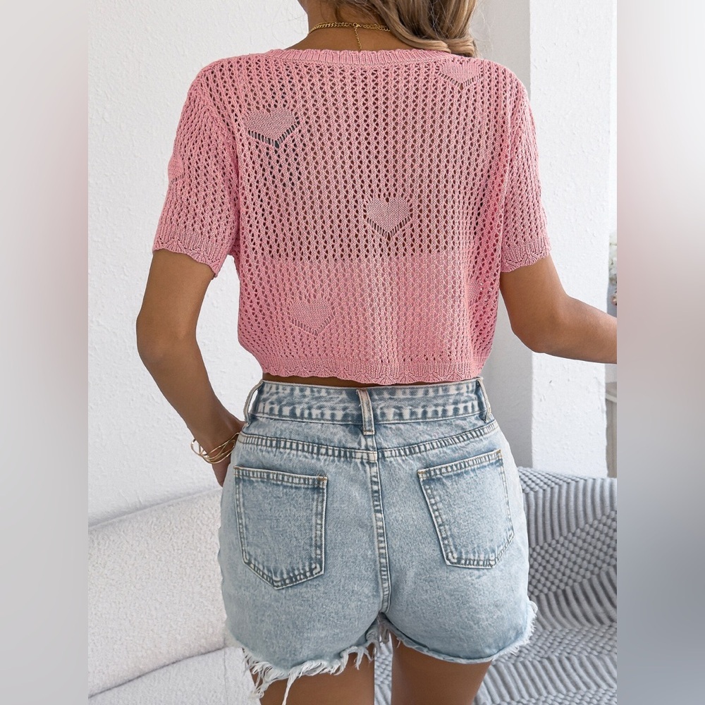 Crochet Heart Pattern Tie Front Cardigan - Picture 4 of 12